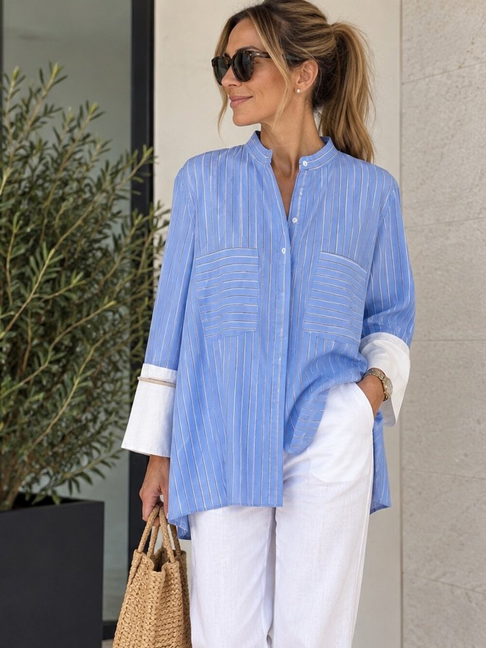 Purificacion Garcia blue stripped cotton blouse size L